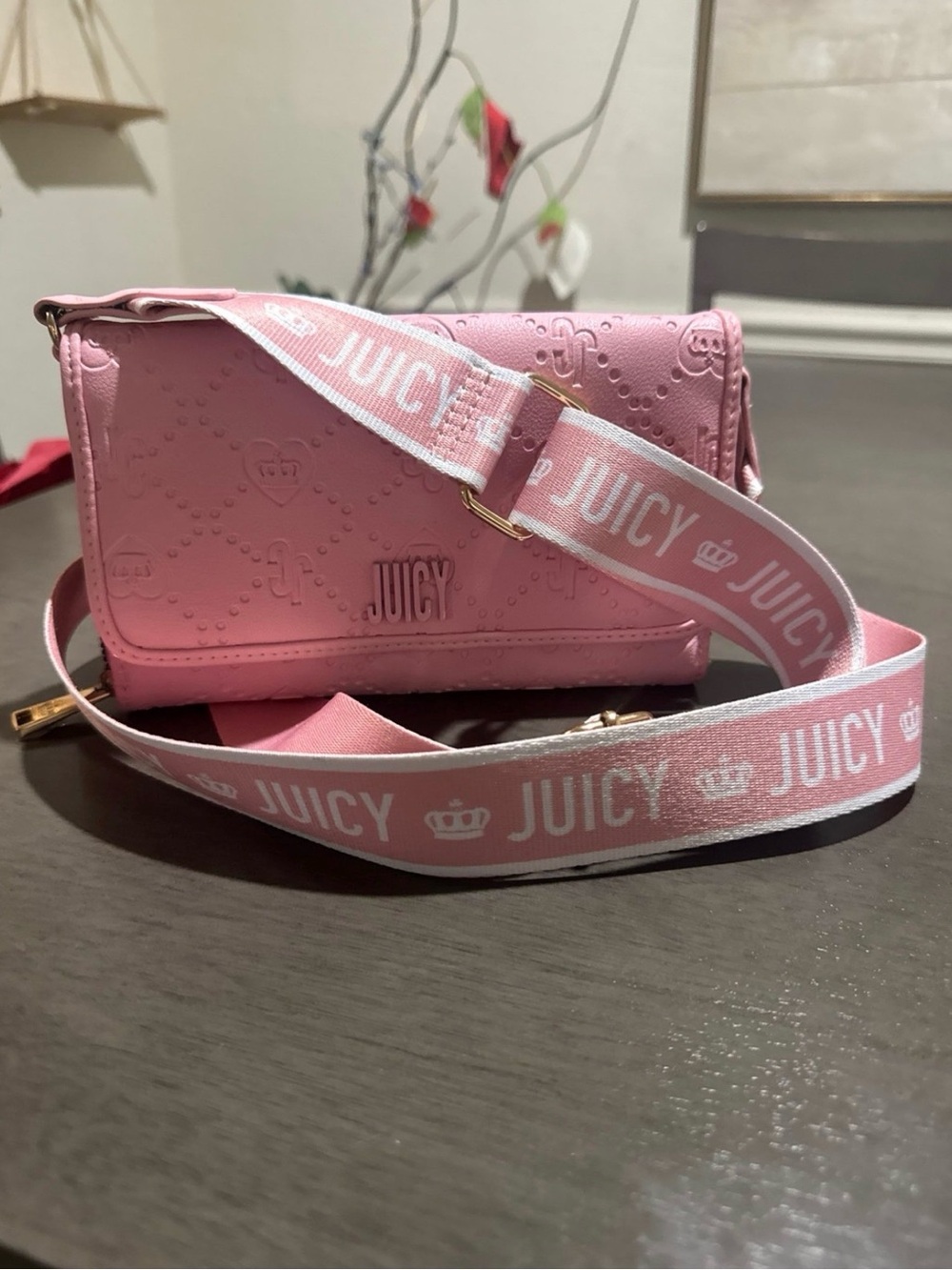 Juicy Couture Pink Embossed Crossbody with Branded Webbing Strap
